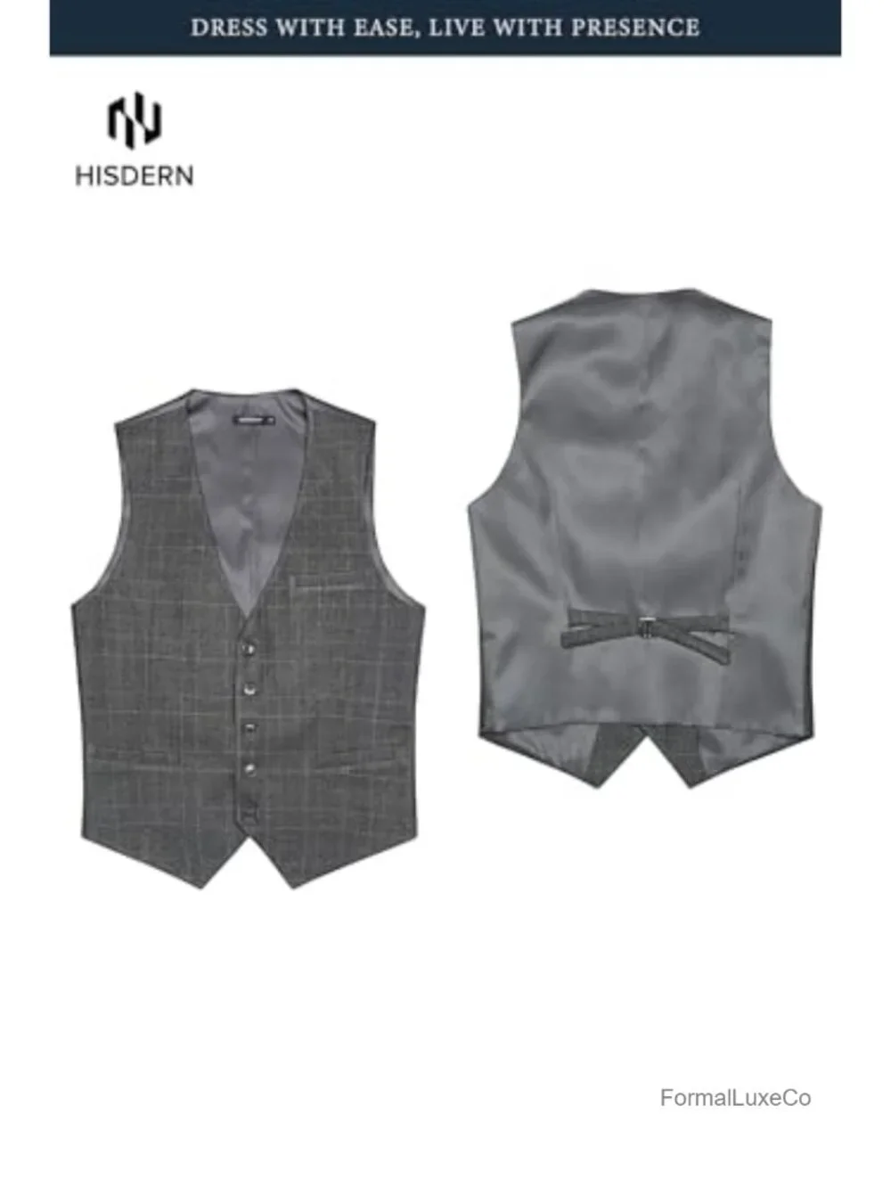 Men's Plaid Suit Vest Slim Fit V-Neck Formal Business Waistcoat Tuxedo